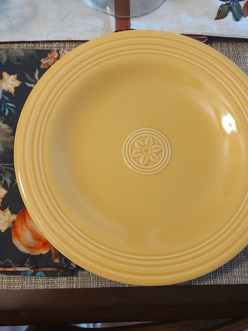 Sunshine Yellow Ceramic Dinner Plate with Central Floral Medallion